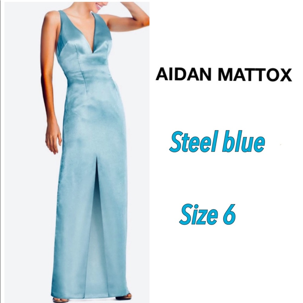 NWT 6 AIDAN MATTOX steel blue satin evening sheath
